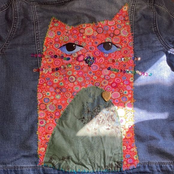 Womens Medium Upcycled Buffalo David Britton Stretch Denim Boho Jacket W/ Cat - Picture 13 of 14